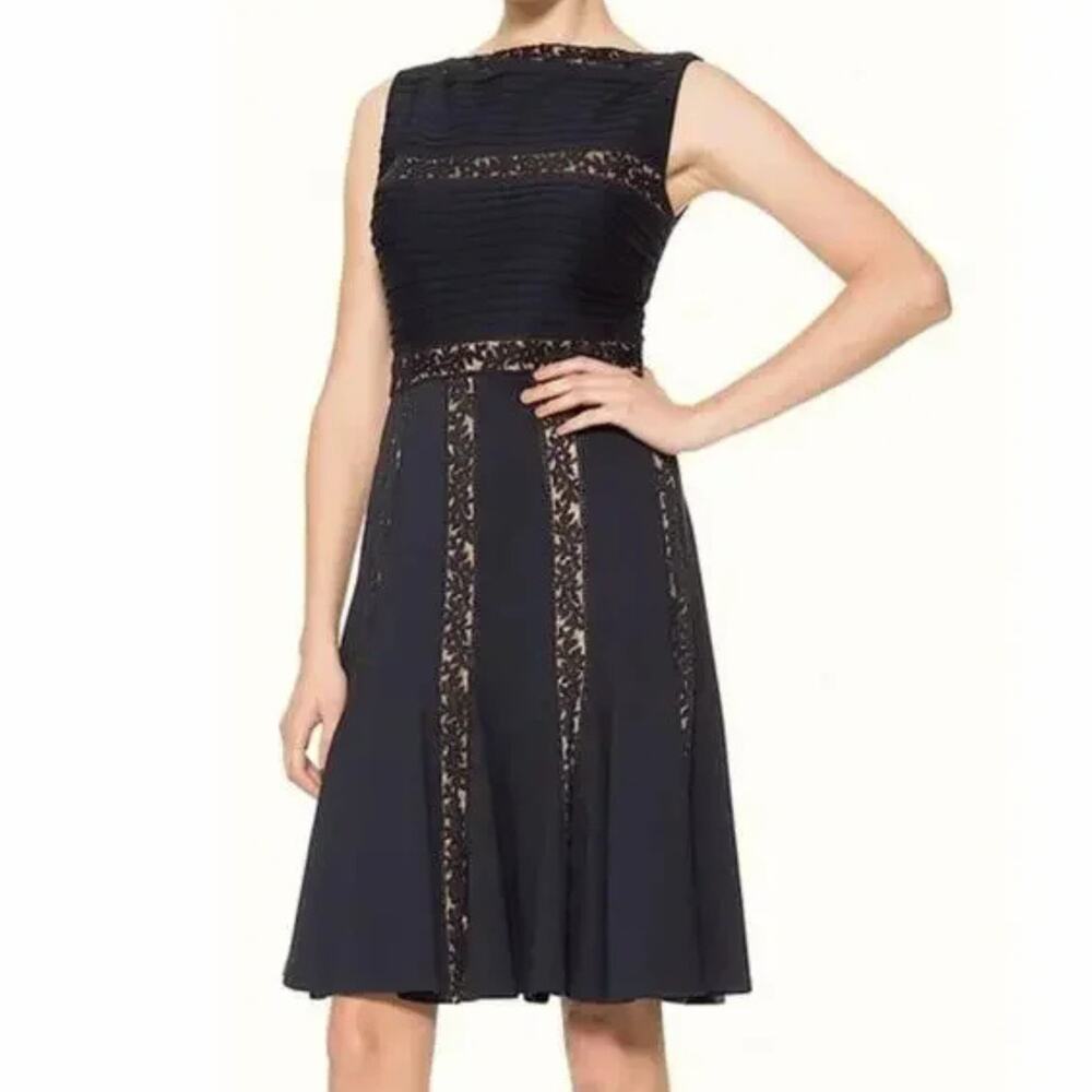 Tadashi Shoji Pleated Lace Sleeveless Boat Neck Mini Dress Black M